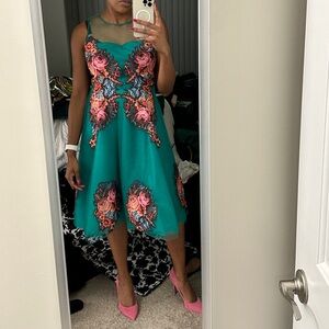 Beautiful Green Dress with Pink Floral Embroidery